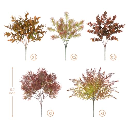 Hrobek 8 Bundles Fall Outdoor Faux Fake Plants UV Resistant | Realistic Artificial Boxwood Foliage Misty Fern Eucalyptus for Patio Garden Front Porch Decor Weatherproof for Outside - color: Fall Mix Greenery