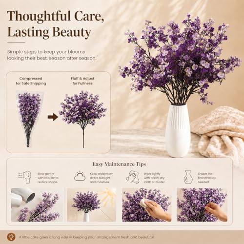 Mandy's 6 Bundles Artificial Shades of Purple Baby’s Breath Flowers | 18.5 Inch Silk Gypsophila European Style Modern Home Decor Centerpiece Neutral Wedding Flower Arrangements - color: Shades of Purple