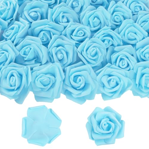 50 PCS Sky Blue Foam Rose Stemless Artificial Flower Head Bulk 2.75in Mini Fake Simulated Eternal Flores Roses Flower for DIY Craft Bridal Bouquets Centerpieces Arrangement Home Decoration - color: Sky Blue