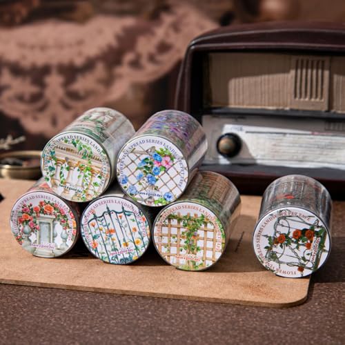PET Tape Stickers for Journaling 6 Rolls Flower Washi Tape Stickers Decorative Tape for Crafts Scrapbooking Junk Journal Supplies, Floral Fence - color: Floral Fence