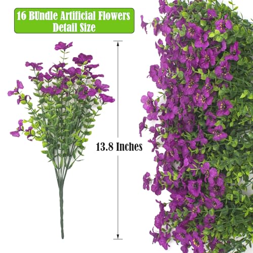 Grunyia Artificial Fake Flowers for Outdoor Spring Decoration, 16 Bundles Faux Silk Colorful UV Resistant Realistic for Outside Porch Patio Home Yard Garden Planters Pots Window Box (Light Purple) - color: Light Purple