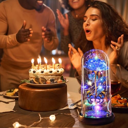 Mothers Day Rose Gifts for Mom Birthday Gift for Women, Rechargeable Galaxy Glass Rose in Glass Dome Crystal Eternal Roses Butterfly Mother's Day Flowers Gifts for Women Mom Wife Grandma Daughter Blue - color: USB-C Blue