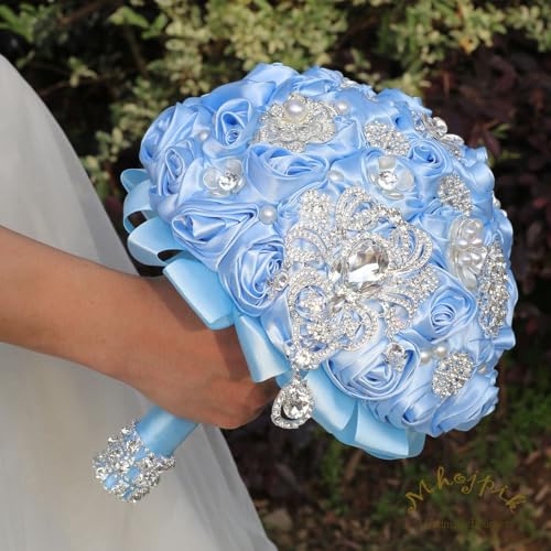 Bridal Wedding Bouquet Round Bling Brooch Bouquet Artificial Rose Flower Bunch for Bride Bridesmaid Wedding Quinceanera(Light Blue, 7.5") - color: Light Blue*, size: Small (Dia. 7.5"/19cm)