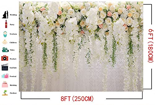 Mocsicka Wedding Flower Backdrop Wall Floral Bridal Shower Backdrops for Photoshoot Wedding Decoration for Reception White Rose Floral Photography Background Banner(8x6ft) - size: 8x6ft