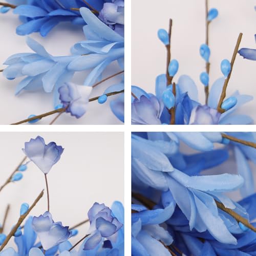 24 Inch Artificial Blue Forsythia Flower Wreath, Silk & Paper Bridal Floral Wreath for Front Door, Elegant Beach Nautical Themed Wedding & Spring Summer Decor, All Season Farmhouse Porch Wall Decor - color: Blue