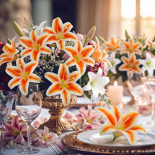 Suncalla 30 Pack Large Artificial Lilies Flower Heads with Realistic Stamens 5.9" Faux Fake Lily Flower Heads Bulk for DIY Crafts Cake Wedding Bridal Wreaths Table Home Party Decor (Orange) - color: Orange