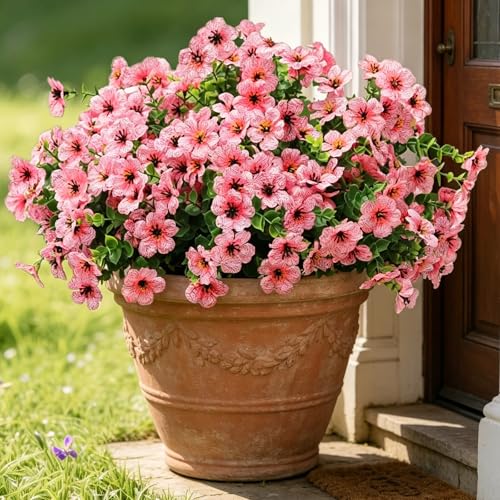 12 Bundles Artificial Flowers for Outdoor, UV Resistant Faux Mums with Eucalyptus Leaves Fake Plants for Outdoor Planters Greenery Boxwood Porch Patio Decoration