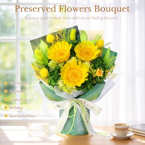 Forever Flowers for Delivery - Preserved Sunflower Bouquet with Gift Box & Greeting Card, Real Eternal Flowers, Gifts for Women, Mom, Mother's Day, Birthday, Anniversary, Graduation - color: Green