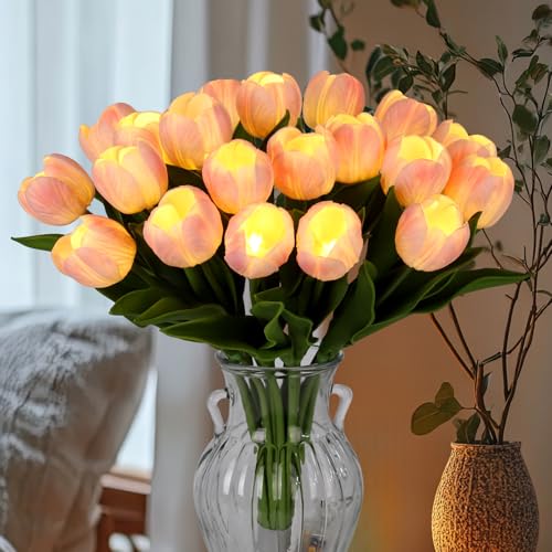 HOMESEASONS 20 Stems LED Lighted Artificial Flowers Tulip Lamp Real Touch Tulips Faux Flower Lights for Valentine's Day and Easter Home Kitchen Wedding Dining Table Decor(Pink) - color: Pink