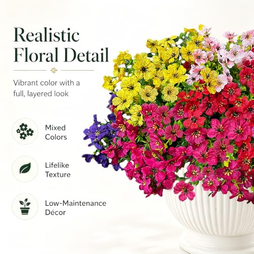 Artificial Flowers for Outdoors UV Resistant, 12 Bundles Realistic Faux Daisy with Eucalyptus Leaves Fake Plants for Porch Patio Planter Garden Decoration (6-Color Mix) - color: 6 Color