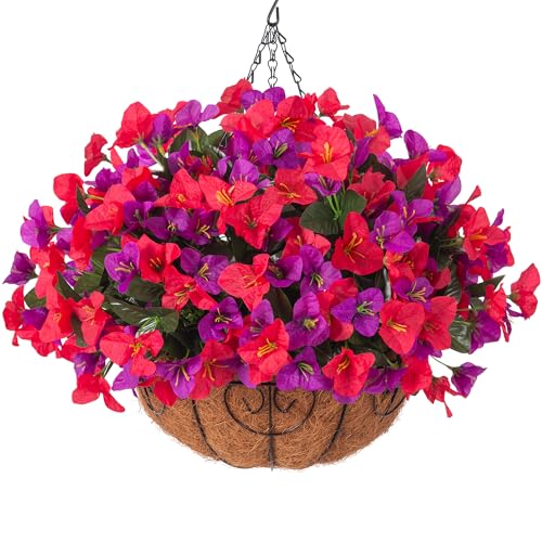 Artificial Hanging Flowers Plant with Basket for Outdoors Spring Decor, Fake Hanging Plants Silk Bougainvillea in Planter Look Real UV Resistant Faux Flower for Outside Porch Patio Garden Home, Mix - color: Red + Purple