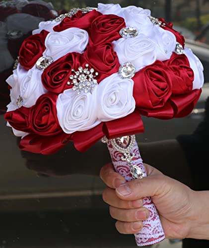 Sharebeauty 7.1" Handmade Satin Rose Bridal Bouquet Toss Round Wedding Bouquet Throw Toss Artificial Flower Bunch Dark Red + White - color: Dark Red/White, size: 7.1"/18cm