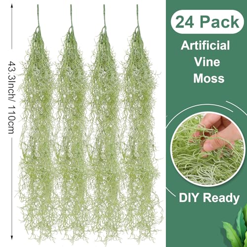 Cindeer 24 Pack Fake Spanish Moss Artificial Hanging Decoration Bulk Faux Greenery Moss Garland for Potted Wall Living Room Indoor Outdoor Decor(43 Inch,Green) - color: Green, size: 43 Inch