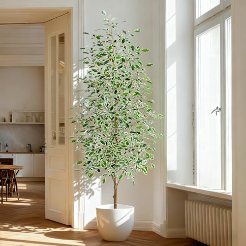 Bailikang 7FT Artificial Ficus Trees Indoor Faux Trees Indoor Fake Floor Plants Tall Artificial Tree with White Pot Faux Tree Fake Indoor Tree Silk Plants Artificial Trees for Home Decor Indoor - color: White Leaf With White Pot, size: 7ft