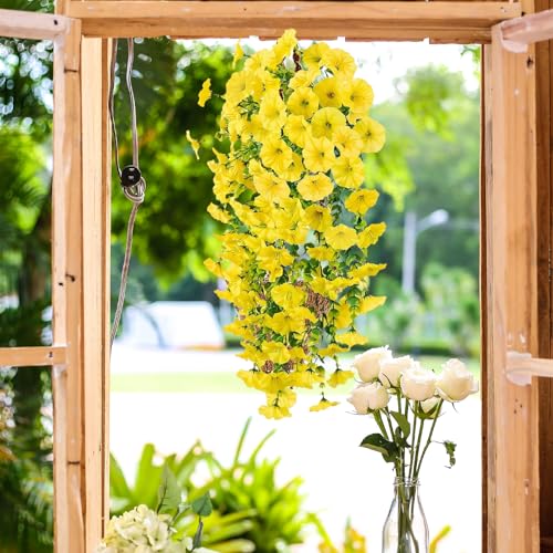 4PCs Hanging Morning Glory UV Resistant Artificial Outdoor Flowers,Faux Flowers for Planters,Hyeflora Cascading Plants Garden,Home Decor,Wedding,Patio,Porch,Yard(Yellow,2 Bunches/4Pcs) - color: Yellow, size: 2 Bunches/ 4Pcs