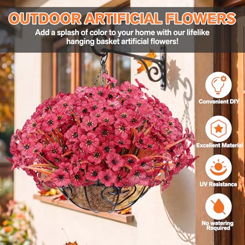22 Pack Artificial Flowers Outdoor Fake Plants, Faux Flowers UV Resistant with Plastic Plants, Faux Silk Flowers for Outdoors Outside Front Porch Hanging Planter Window Garden Decoration(Dark Red) - color: Dark Red, size: 22 Bundles