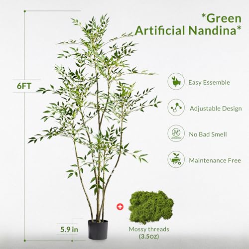 Large Artificial Nandina Trees Tall Fake Bamboo Tree Indoor Outdoor Realistic Floor Plant Potted Faux Plastic Silk Plants for Home Living Room Office Front Porch Patio decoracion Housewarming Gift - color: Green, size: 6ft