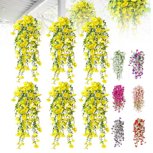 Artificial Flowers for Outdoors Fake Morning Glory Hanging Flower Decoration, 6 Pcs Realistic Faux Plants Petunias Trailing Vines, Spring Summer Decor for Porch Patio Balcony Planter Yard(Yellow) - color: Yellow, size: 6 Pcs