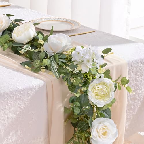 Livole 6 FT Artificial Flower Garland Real Touch Fake White Floral Rose Peony Garland with Eucalyptus Flower Hanging Vine for Wedding Table Centerpieces Backdrop Party Arch Home Decorations - color: White, size: 1 Pc
