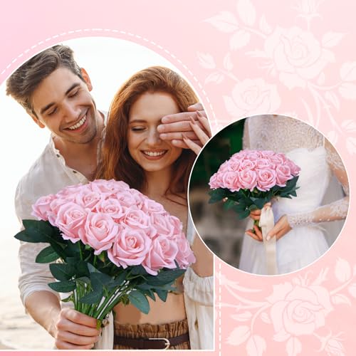 30pcs Fake Roses Artificial Silk Flowers Long Stems Bouquet for Wedding Bridal Shower Party Home Decoration (Pink) - color: Pink