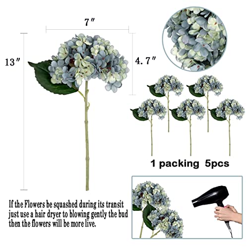 5Pcs Artificial Fake Flowers Plants Silk Hydrangea 1 Flower Head Arrangements Wedding Bouquets Decorations Plastic Floral Table Centerpieces Home Kitchen Garden (Bluish Green) - color: Bluish Green