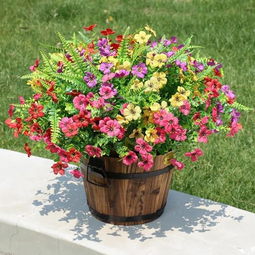 HyeFlora Artificial Faux Outdoor Flowers Plants for Summer Outside Decoration, 14 Bundles Fake Silk Colorful Daisy Ferns UV Resistant Realistic for Front Door Porch Planter Patio Yard - color: Mixed Flower+grass