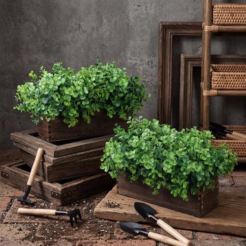 Lyrow 2 Pack Artificial Eucalyptus Plant in Rustic Rectangular Wooden Planter Box Greenery Faux Potted Herb Plant for Indoor Wedding Table Centerpiece(Emerald,11.4 x 3.7 x 7.8 Inches,Stylish Style) - color: Brown, size: 11.4 Inch, style: Emerald Green Rou