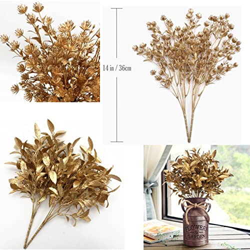 CATTREE Artificial Gold Plants for Christmas, Golden Leaves Plastic Faux Gypsophila Fake Simulation Baby Breath Flowers for Home Indoor Outdoor Wedding Decoration Hall Table Planter Filler 4 Pack - color: Gold Leaves- 2 Pcs & Gold Gypsophila- 2 Pcs