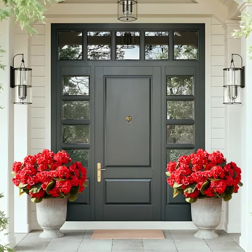 Waipfaru 12Pcs Artificial Fake Flowers for Outdoors, UV Resistant Outdoor Faux Plants, Silk Geraniums Red Flower for Garden Porch Planter Patio Balcony Yard Indoor Home Decoration (12, Red) - color: Red, size: 12 PCS