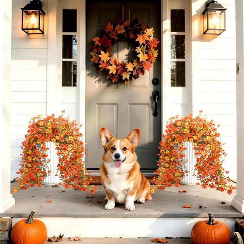Hommyea Artificial Fall Fake Flowers for Outdoor, 2 Pcs Fake Mums Faux Hanging Flowers Outdoor Fall Decor, UV Resistant Silk Flower for Front Door Porch Planters Patio Yard Garden(Orange Sunset Red) - color: Orange Sunset Red