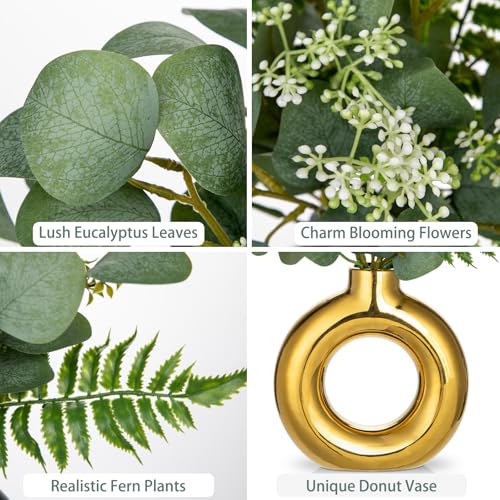 Artificial Eucalyptus Stems in Ceramic Vase 14.23" Fake Eucalyptus Plant Decor Gold Donut Vase with Greenery Centerpiece Table Decorations Small Faux Green Plant for Home Farmhouse Wedding Table Decor - color: Gold