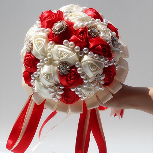 USIX Handcraft Popular Satin Rose Rhinestone Brooch Flower Pearl Bridal Holding Wedding Bouquet Wedding Flower Arrangements Bridesmaid Bouquet(Red+Ivory) - color: Red+ivory