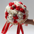 USIX Handcraft Popular Satin Rose Rhinestone Brooch Flower Pearl Bridal Holding Wedding Bouquet Wedding Flower Arrangements Bridesmaid Bouquet(Red+Ivory) - color: Red+ivory