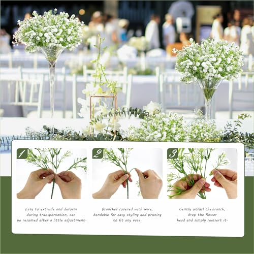 12pcs Babys Breath Artificial Flowers, White Real Touch Faux Baby Breath Flowers Artificial Bulk, Fake Gypsophila for Wedding Bouquet Home Arrangements Garden Party Decor (Each Stem has 5 Branches)