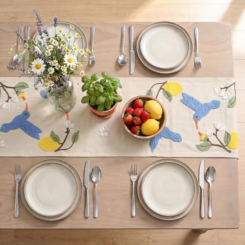 Artoid Mode Beige Soft Chain Embroidery Flower Bird Lemon Spring Table Runner, Seasonal Summer Kitchen Dining Table Decoration for Home Party Decor 13x72 Inch