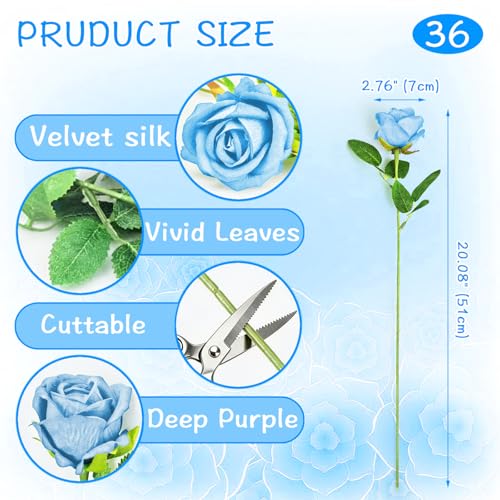 Rose Artificial Flowers Velvet Bouquet with Long Stem Real Touch Fake Roses Florals for Bridal Wedding Bouquet Party Arrangement Centerpiece Decorations (36, Light Blue) - color: Light Blue