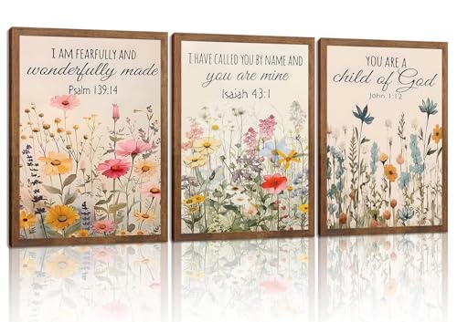 Christian Floral Bible Verse Wall Art Set of 3, Flower Canvas Wall Decor, Steadfast Love Of Lord Religious Faith Posters Prints for Prayer Room Living Room Bedroom Home Decoration 12x16in Wood Framed - color: Colorful Bible, size: 16L" x 12W"
