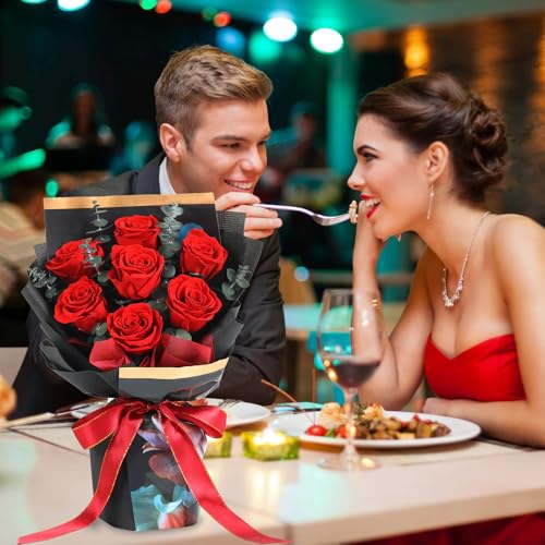 Preserved Flowers Bouquet 7 Roses, Forever Flower for Delivery Birthday Anniversary Wedding, Eternal Real Roses Bouquets with Gifts Box for Women Wife Mother Day, Red - color: Red