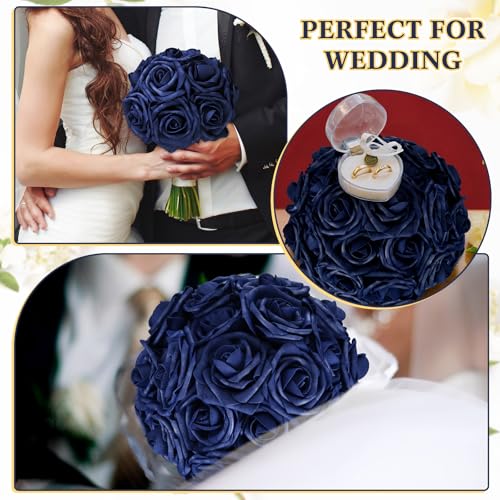 Tigeen 200 Pack Navy Blue Artificial Roses Flowers Bulk with Stems Artificial Foam Rose Real Looking Fake Flower for DIY Wedding Bouquets Bridal Shower Centerpieces Floral Arrangements Home Decoration - color: Navy Blue