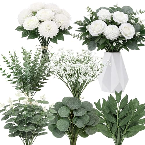 Yinder 120 Pcs 7 Kinds Artificial Eucalyptus Stems and Faux Flowers Bulk Mixed Fake Greenery Silver Dollar Eucalyptus Leaves Artificial Baby's Breath Dandelions for Wedding DIY Vase Floral Bouquets