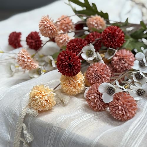 12pcs Fall Flowers, Burnt Orange Artificial Flowers Kiku 10 Stems with 2 Wax Flowers, Fake Silk Mums for Vase, Autumn Floral Centerpiece Decor,Mother's Day - color: Mixed Orange