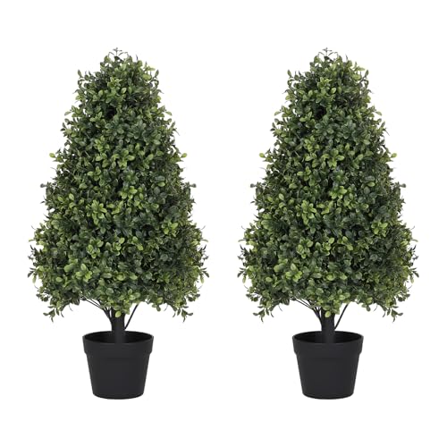 30" Boxwood Topiary Trees Artificial Outdoor Set of 2, UV Resistant Faux Plants for Front Porch Planters, Realistic Cone-Shaped Fake Bushes & Shrubs, 2.5ft Evergreen Decoration - color: Boxwood Dark Green, size: 30in