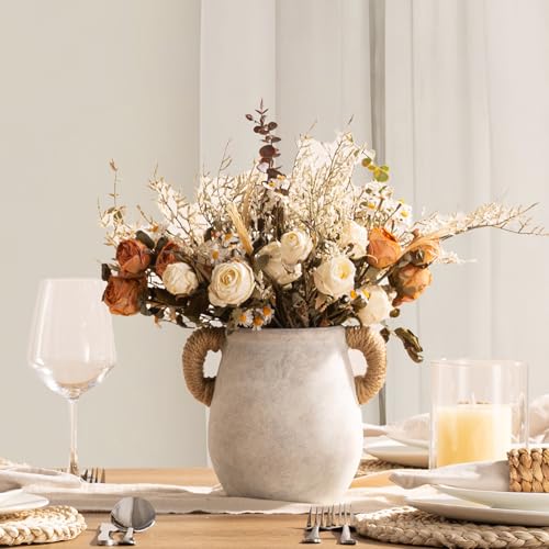 Ceramic Flower Vase Home Decor - 7.1 Inch White Rustic Table Flowers Vases Living Room Bedroom Plant Decoration Modern Farmhouse Vintage for Kitchen Shelf Office Coffee Dining Desk House Women - color: D-7.1"-with Hemp Rope