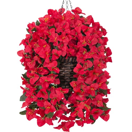 Ivydale Bougainvillea Artificial Hanging Fake Flowers with Basket for Outdoors Decoration, Faux Silk Flowers UV Resistant Fake Plants Long Vines Realistic for Outside Front Door Porch Patio, Red - color: Red
