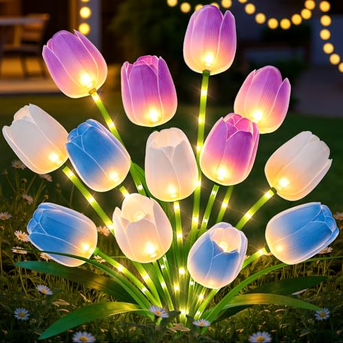 Solar Tulip Lights Outdoor: 3-Pack Solar Flower Garden Lights with Bendable Stems - IP65 Waterproof 800mAh for 12H Lighting - Auto On/Off Garden Decor - Gifts for Mom - Blue Purple White - color: Blue+Purple+White