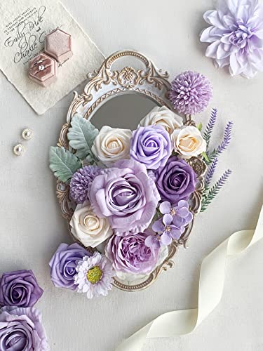 FACINOC Roses Artificial Flowers Purple Bouquets Box Set Fake Flower with Stems Bulk for DIY Bridal Wedding Shower Decorations Faux Floral Arrangements for Party Table Centerpieces Home Decor Indoor - color: Purple, Lavender, Violet