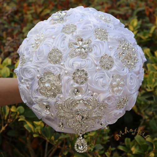 Bridal Wedding Bouquet Round Bling Brooch Bouquet Artificial Rose Flower Bunch for Bride Bridesmaid Wedding Quinceanera(White, 8.7") - color: White, size: Medium (Dia. 8.7"/22cm)