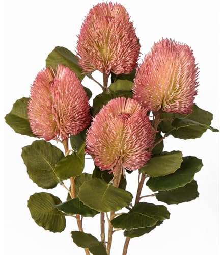 GnFlus 4Pcs Artificial Flowers Bouquets 23 Inch Fake Fall Flower Pink Long Stem Autumn Faux Banksia Flowers Floral Arrangements for Home Bedroom Table Wedding Party Boho Decor - color: Pink