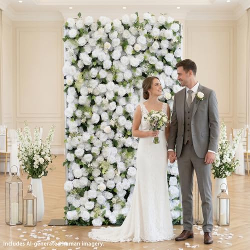 rosemorning 4x8FT White Artificial Flower Wall Backdrop,5D Silk Flower Wall Panel for Wedding Party Birthday Baby Shower Photo Booth Decor Easy to Install Reusable - color: Eira-White, size: 4Ft*8Ft
