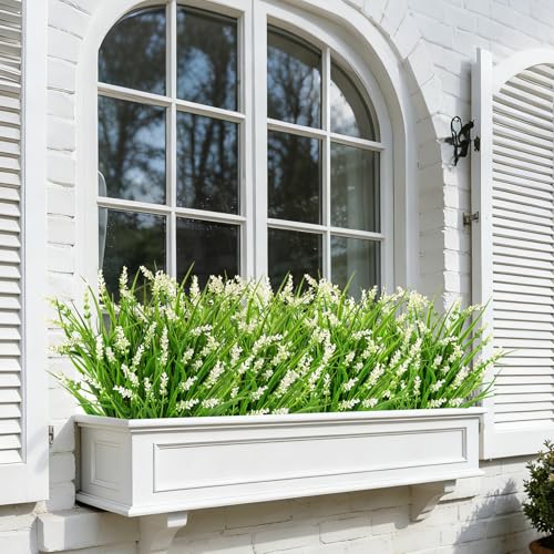 24 Bundles Artificial Plants Flowers Outdoor, Faux Lavender Flowers Fake Monkey Grass UV Resistant Plastic Plant for Porch Garden Patio Window Home Decor, White - color: White